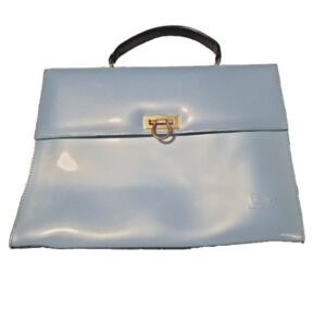 Vintage Beijo Blue Patent Leather Satchel Gold Turn Lock Top Handle Bag